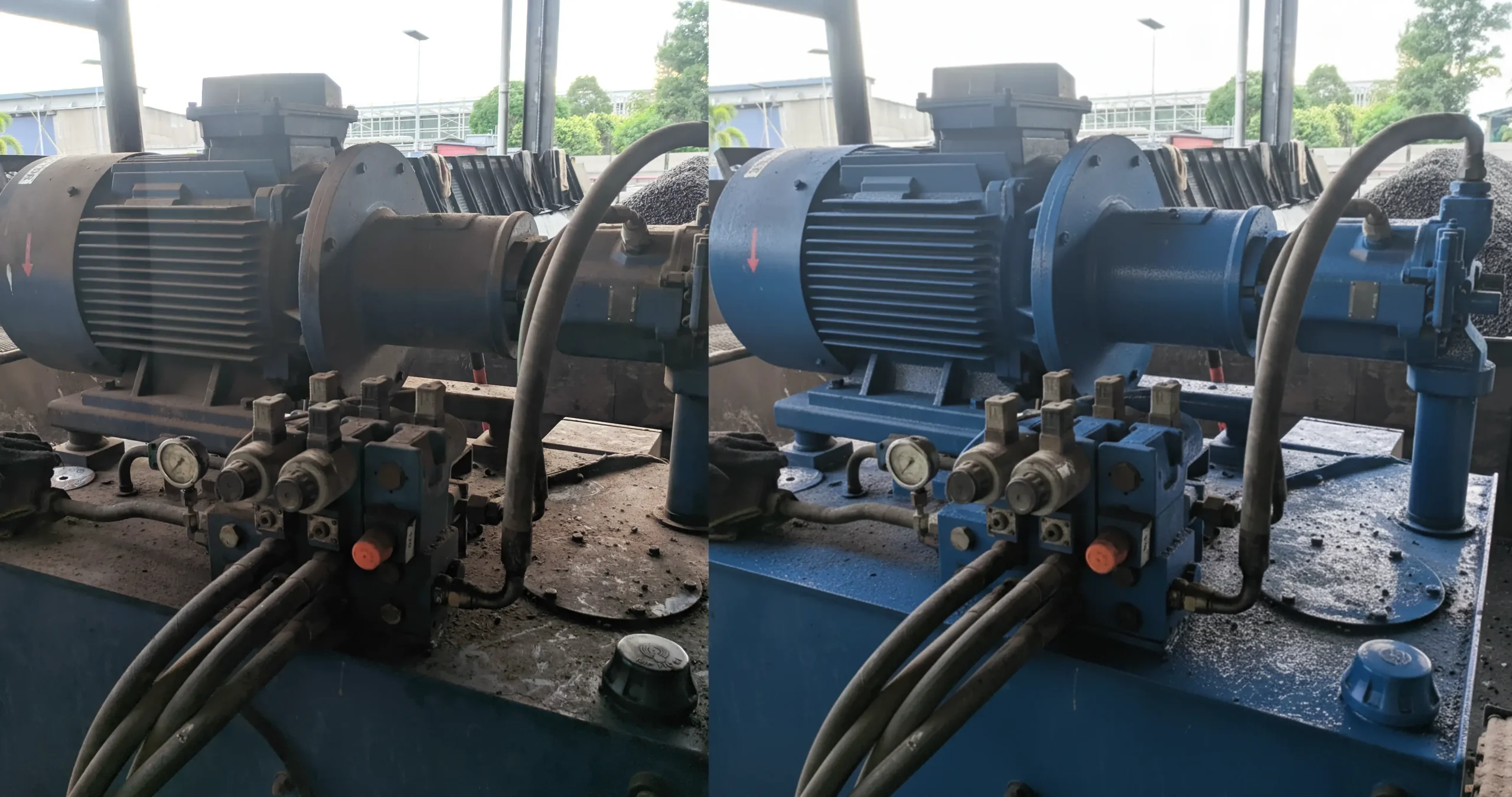 Avant / Après nettoyage de système hydraulique par Hydraulique Maska